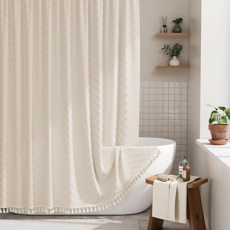 Bathroom with a white bathtub, shower curtain, and wooden stool.