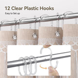Clear plastic hooks on a curtain rod with text indicating quantity and ease of setup.