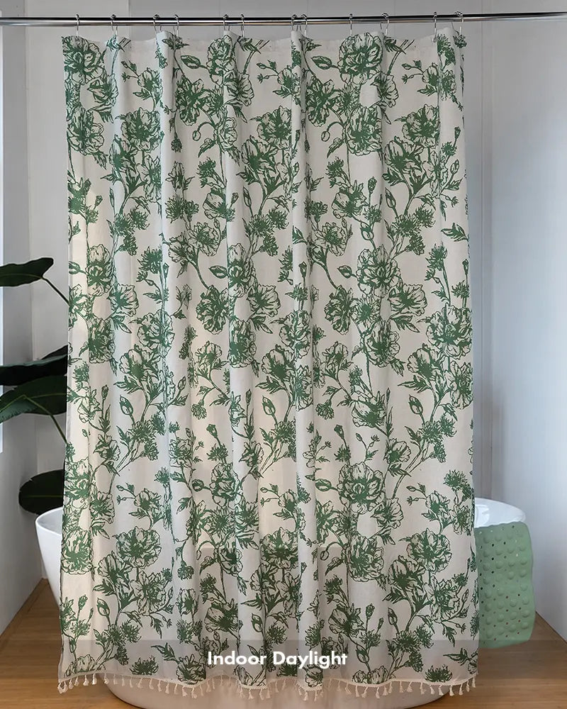 AmazerBath green floral tassel shower curtain with leafy botanical print displayed in a bright modern bathroom.