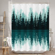 Shower curtain with forest and lake design in a bathroom setting