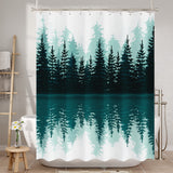 Shower curtain with forest and lake design in a bathroom setting