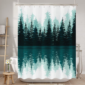 Shower curtain with forest and lake design in a bathroom setting