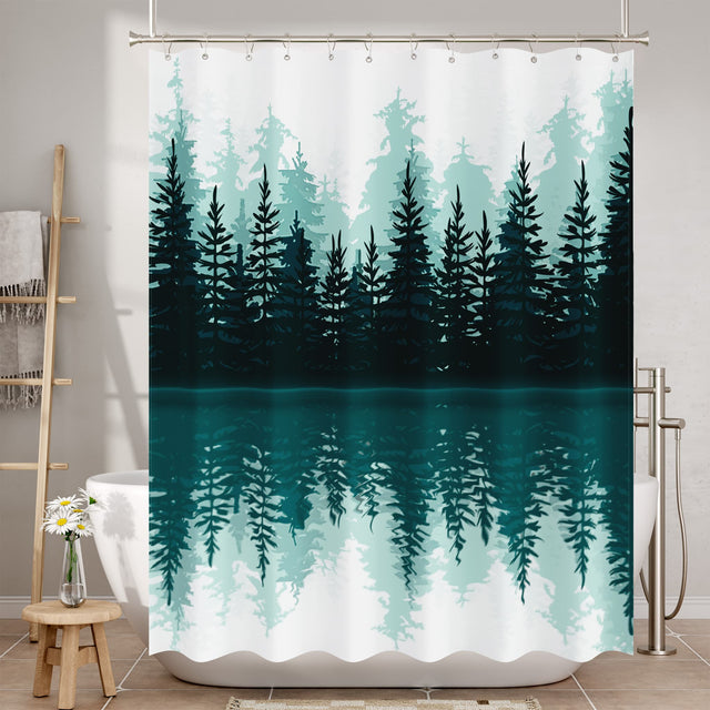 Shower curtain with forest and lake design in a bathroom setting