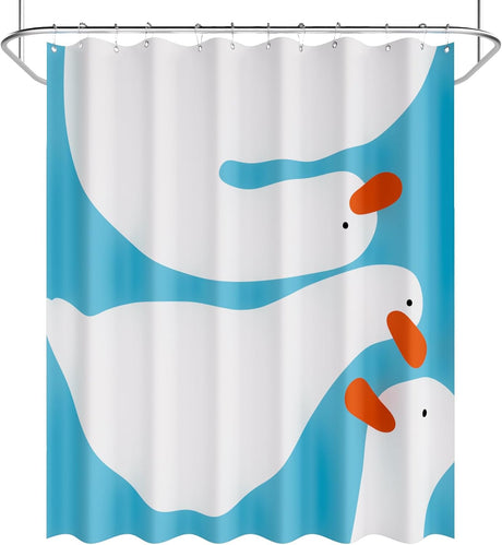 Shower curtain with cartoon goose design on a blue and white background