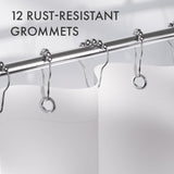 Shower curtain with rust-resistant grommets on a white background