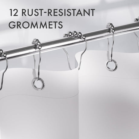 Shower curtain with rust-resistant grommets on a white background