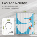 Shower curtain package with fabric shower curtain and hooks, featuring a design of ducks on a blue background.