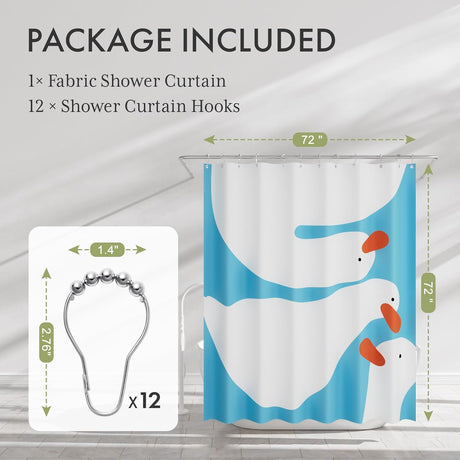 Shower curtain package with fabric shower curtain and hooks, featuring a design of ducks on a blue background.