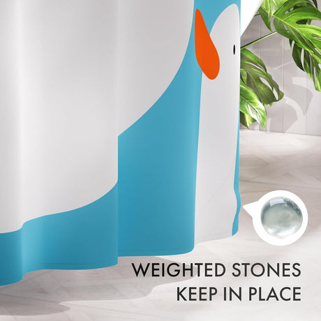 Blue and white weighted stones container with a plant in the background