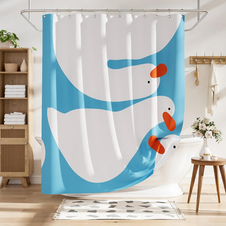 Shower curtain with cartoon goose design in a bathroom setting