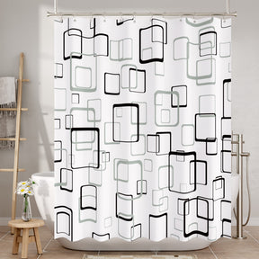 Shower curtain with geometric pattern in a bathroom setting