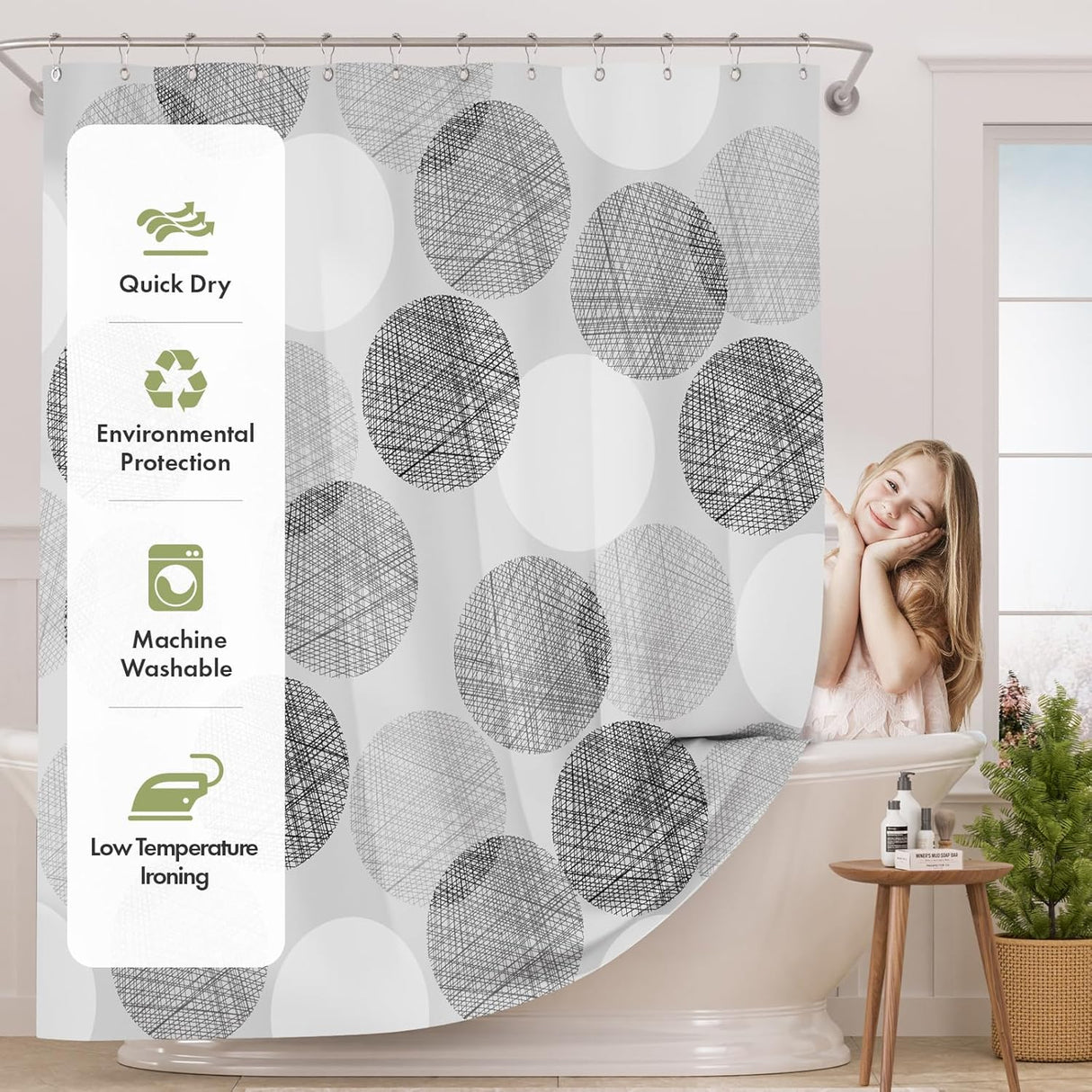 Shower curtain with circular pattern and product features on a stand in a bathroom.