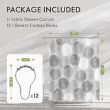 Fabric shower curtain with hooks and measurements on a neutral background