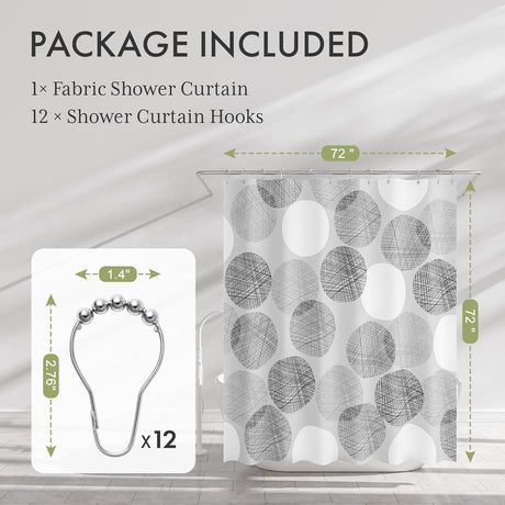 Fabric shower curtain with hooks and measurements on a neutral background