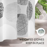 Decorative vases with geometric patterns on a white surface, with text 'Weighted stones keep in place'.