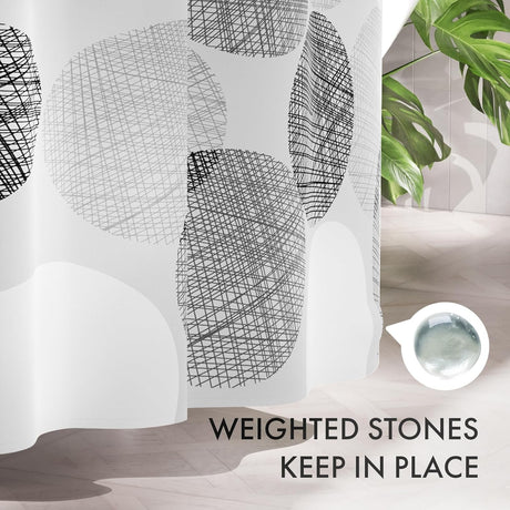 Decorative vases with geometric patterns on a white surface, with text 'Weighted stones keep in place'.