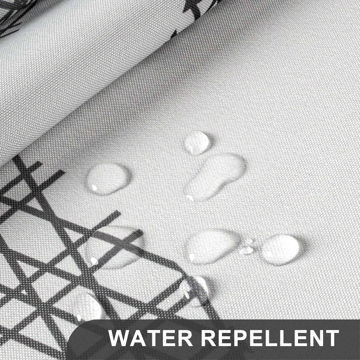 Water droplets on water-repellent fabric with text overlay
