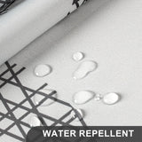 Water droplets on water-repellent fabric with text overlay