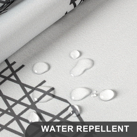 Water droplets on water-repellent fabric with text overlay