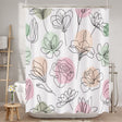 Shower curtain with abstract floral design in pink, green, and beige on a white background.
