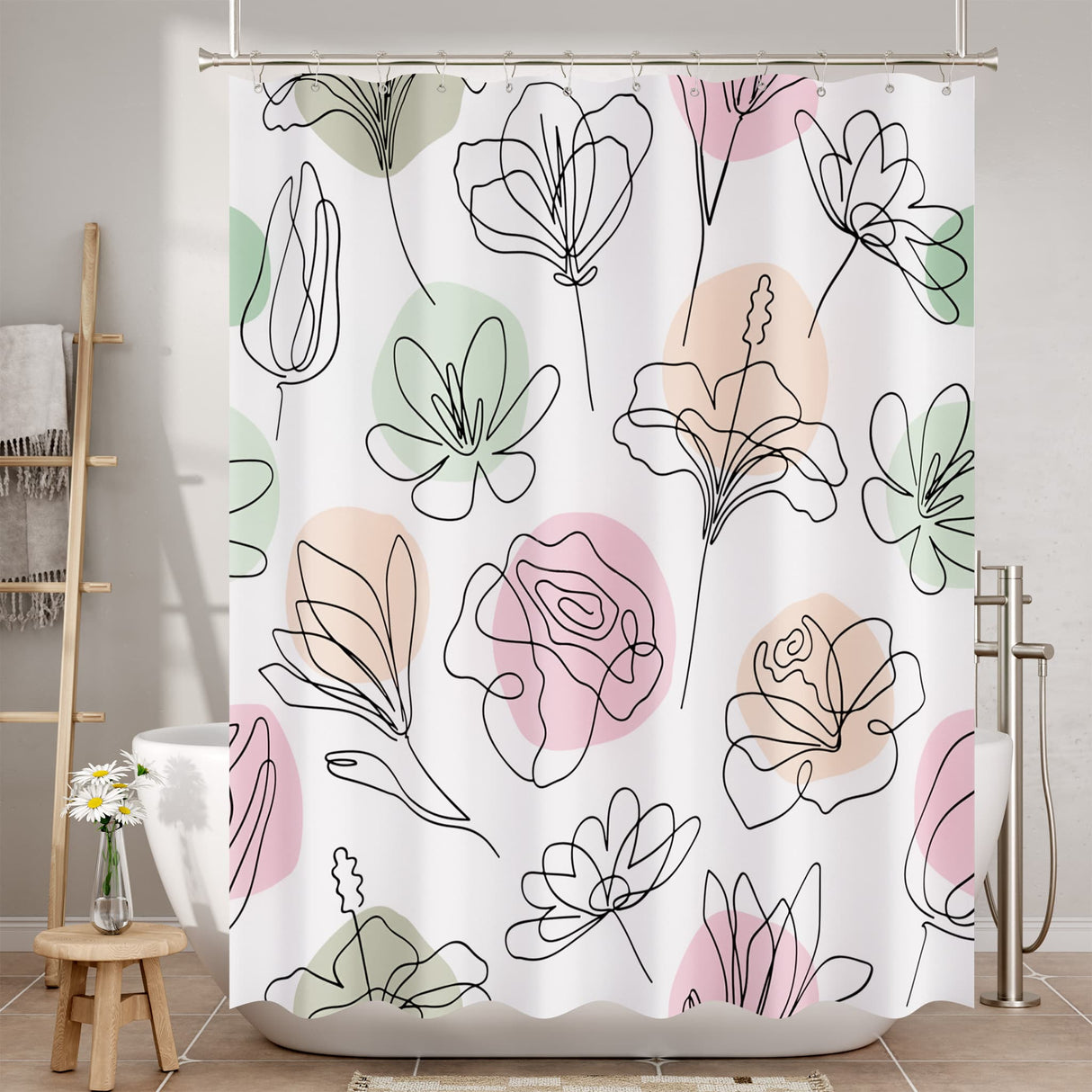 Shower curtain with abstract floral design in pink, green, and beige on a white background.