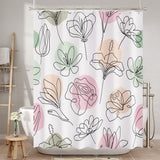 Shower curtain with abstract floral design in pink, green, and beige on a white background.