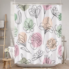 Shower curtain with abstract floral design in pink, green, and beige on a white background.