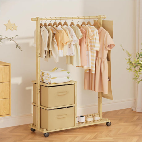 Wooden clothing rack with hangers and drawers in a room setting
