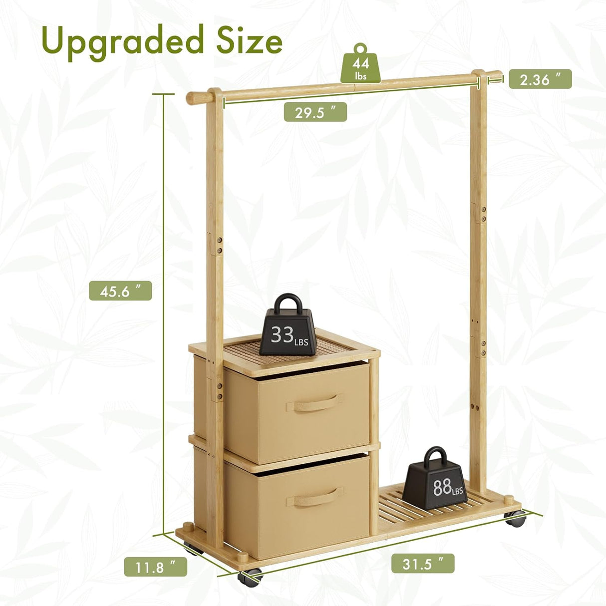 Wooden storage rack with wheels and measurement labels on a white background