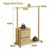 Wooden storage rack with wheels and measurement labels on a white background