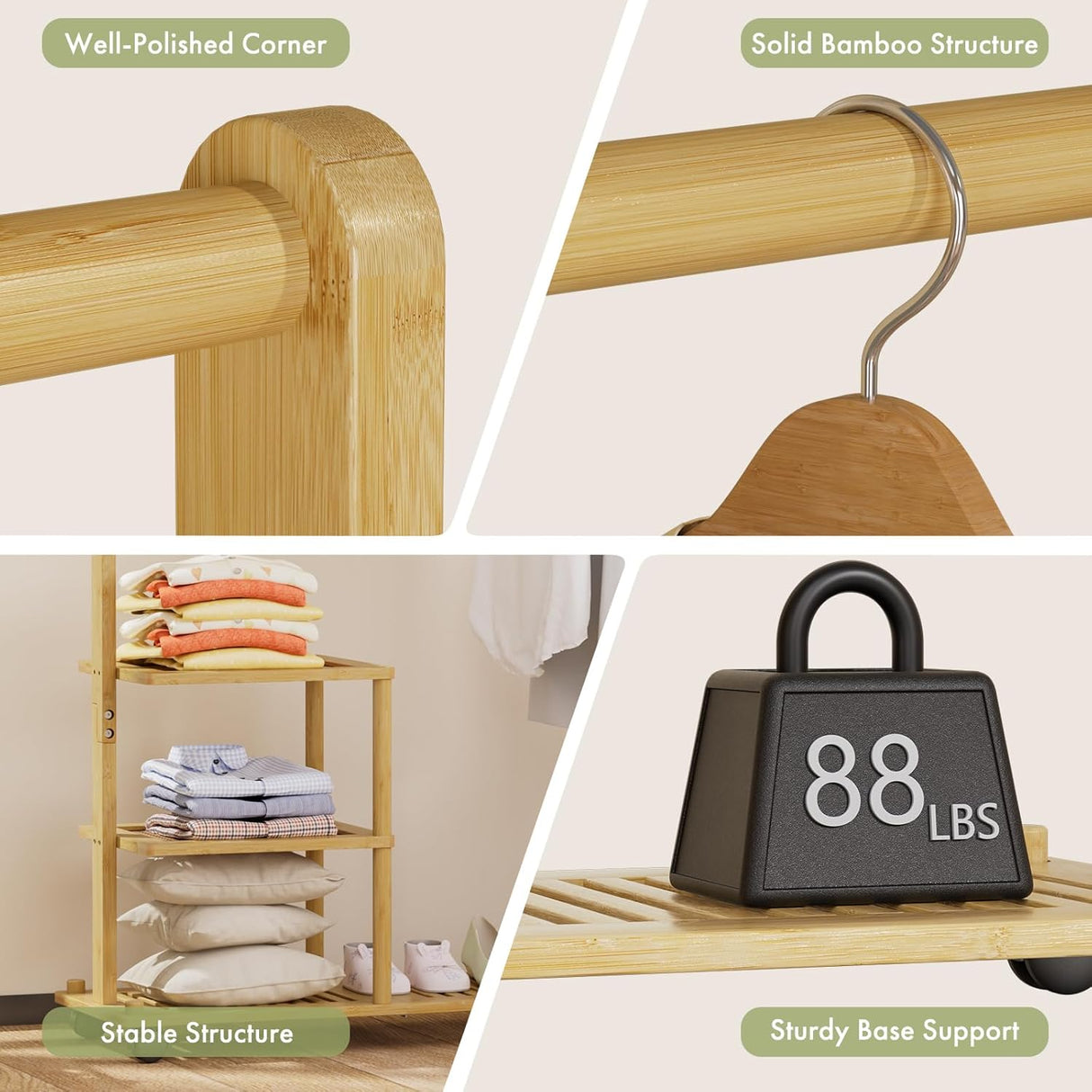 Collage of bamboo products including a rod, hanger, shelf, and weight indicator with text labels on a neutral background.
