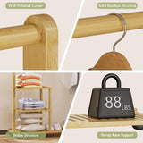 Collage of bamboo products including a rod, hanger, shelf, and weight indicator with text labels on a neutral background.
