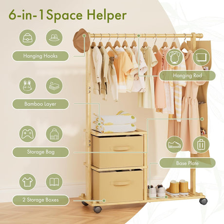 6-in-1 Space Helper with hanging hooks, bamboo layer, storage bag, base plate, and storage boxes on a wooden floor.