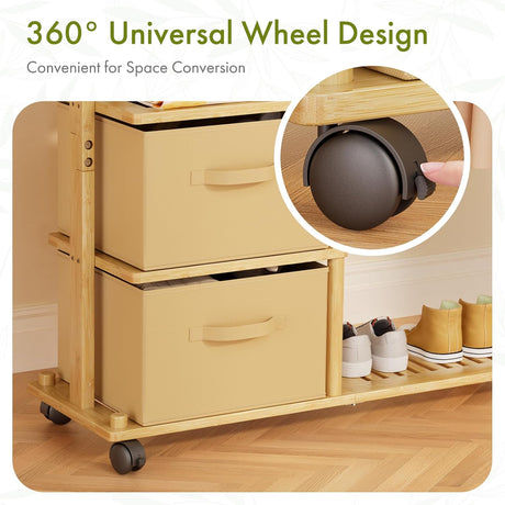 Storage cart with wheels and shoe rack on a wooden floor, highlighting 360-degree wheel design.