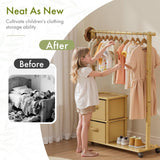 Child organizing clothes on a rack with text 'Neat As New' and 'Cultivate children's clothing storage ability'.