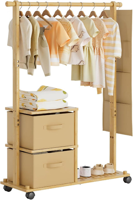 Beige clothing rack with hanging clothes and storage drawers