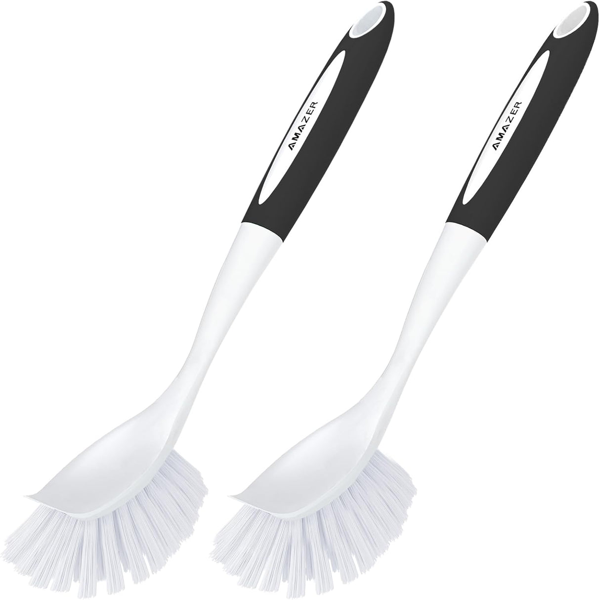 Two kitchen cleaning brushes with black handles and white bristles on a white background.