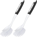Two kitchen cleaning brushes with black handles and white bristles on a white background.