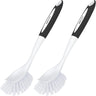 Two kitchen cleaning brushes with black handles and white bristles on a white background.