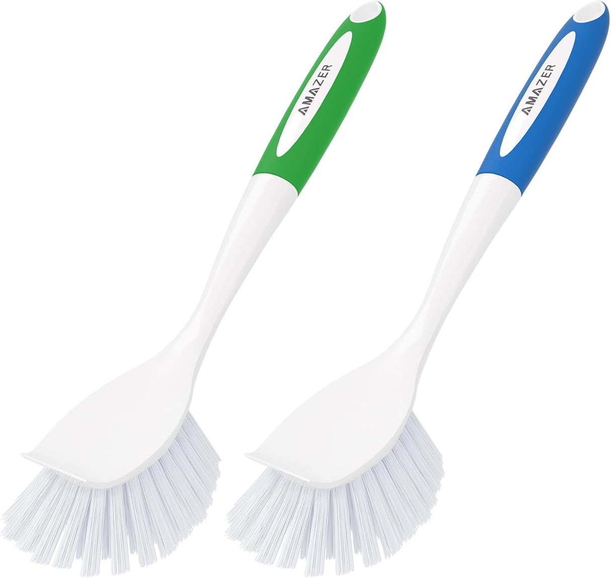Two kitchen brushes with green and blue handles on a white background