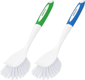 Two kitchen brushes with green and blue handles on a white background