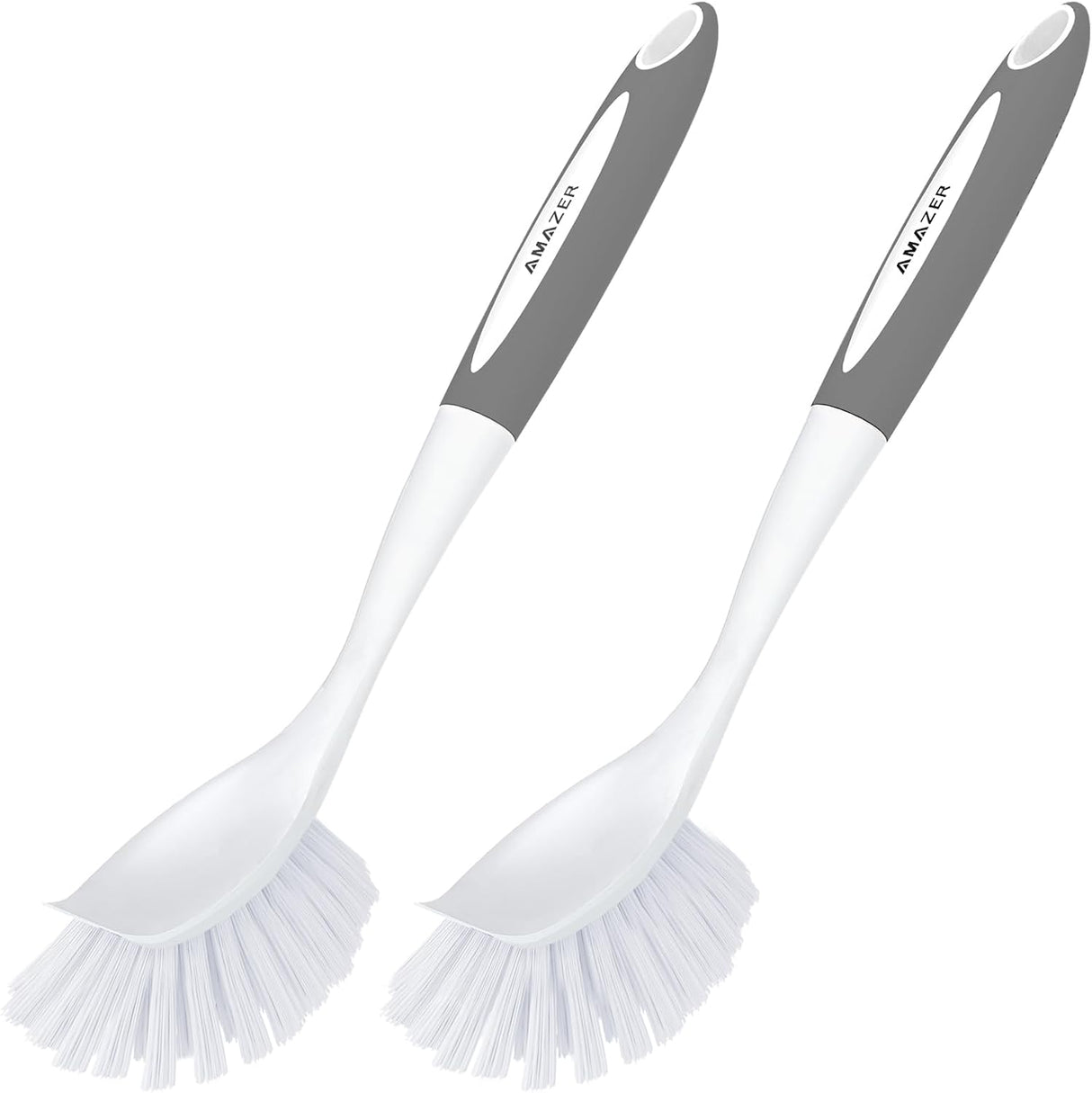 Two kitchen cleaning brushes with gray handles and white bristles on a white background.