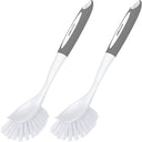 Two kitchen cleaning brushes with gray handles and white bristles on a white background.