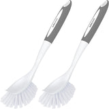Two kitchen cleaning brushes with gray handles and white bristles on a white background.