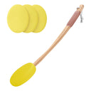 Cleaning tool set with yellow silicone sponges and a wooden handle on a white background