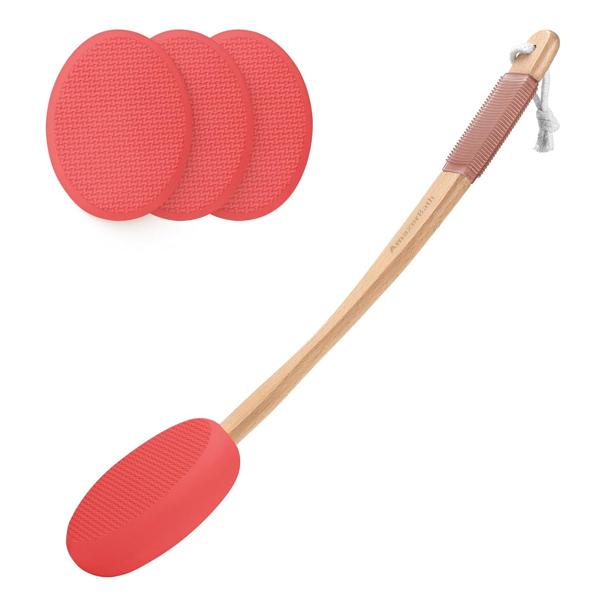 Red silicone spatula with wooden handle and three additional red silicone pads on a white background