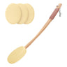 Set of three yellow sponges and a wooden tool with a comb on a white background