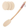 Set of three beige sponges and a wooden paddle with a comb on a white background