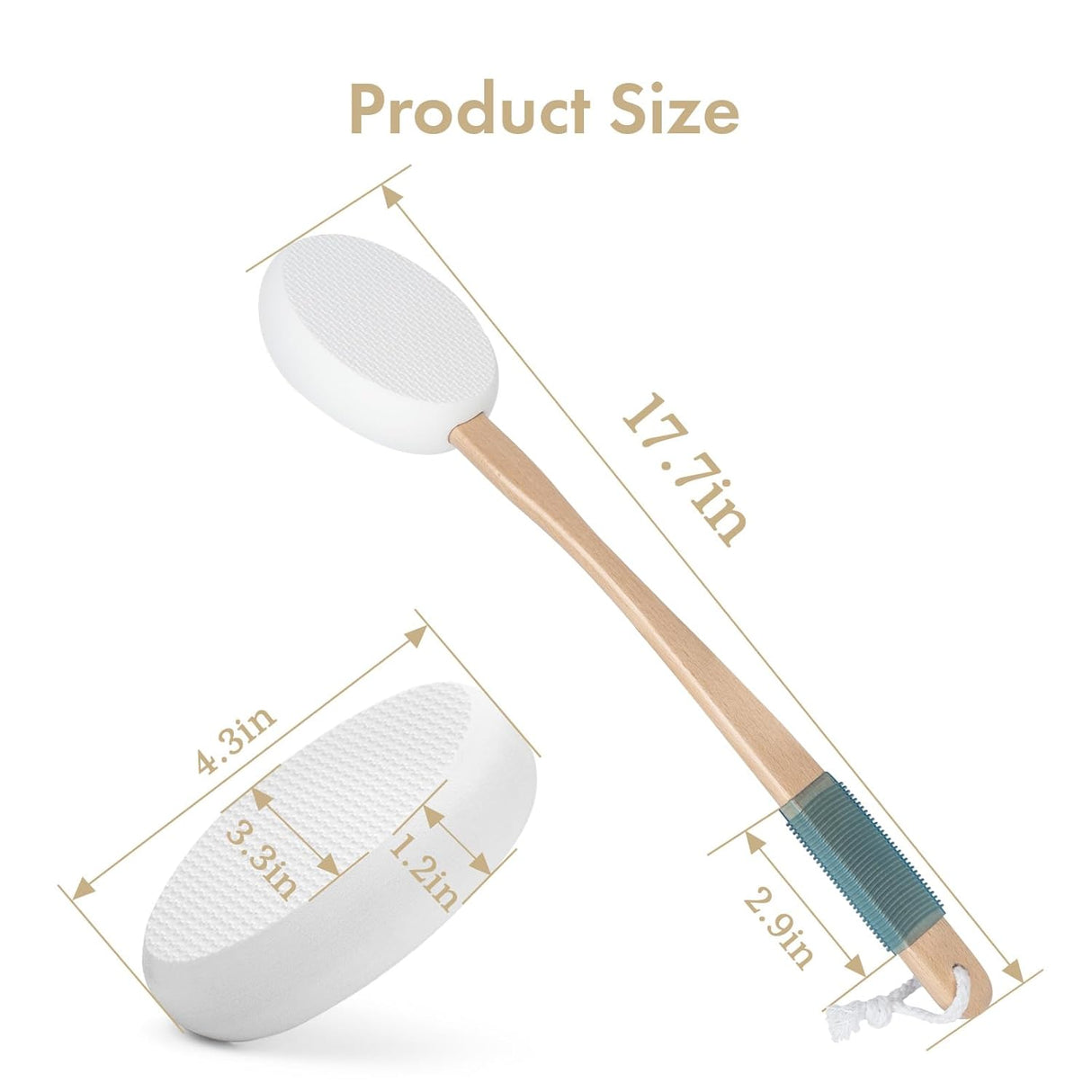 White spatula with wooden handle and measurements on a white background