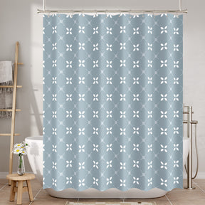 Shower curtain with geometric pattern in a bathroom setting